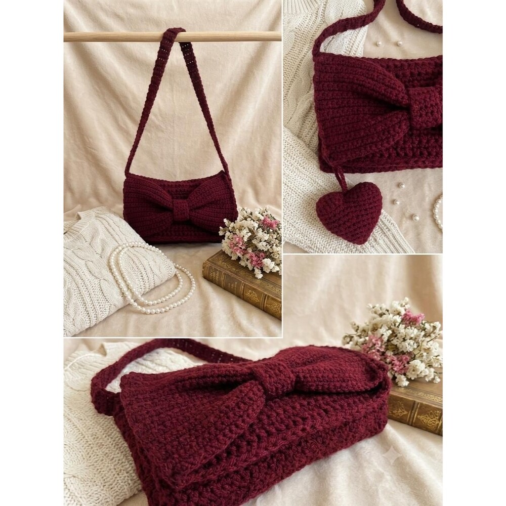 Handmade Crochet Bow Shoulder Bag | Burgundy